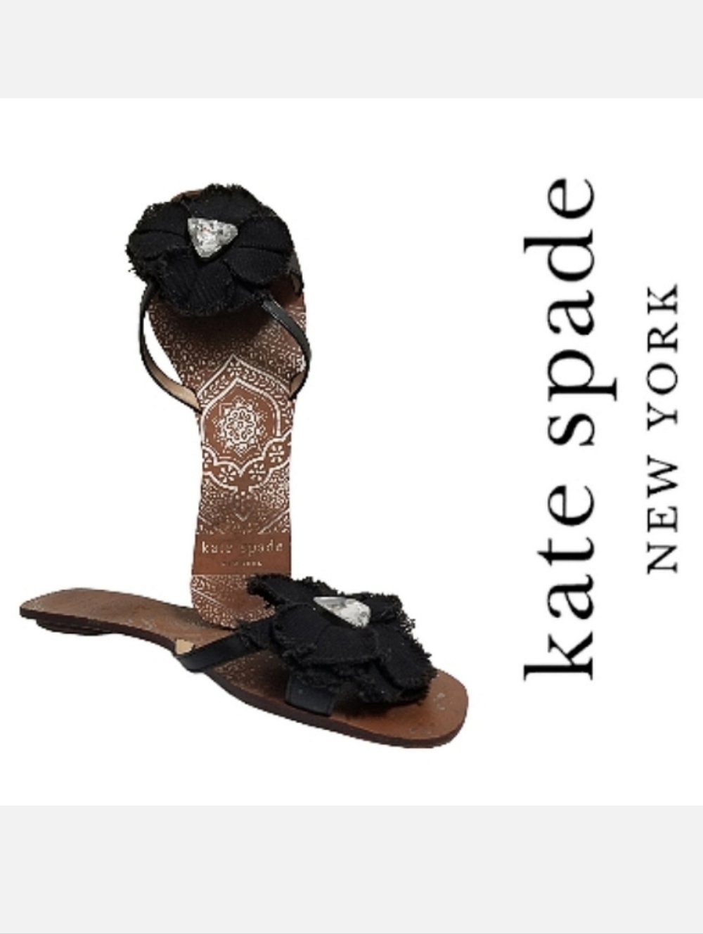 Kate Spade DASHER Leather Slide Sandal Black Floral & Rhinestone Sz 9½